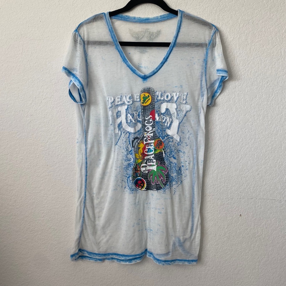 Peace Frogs Y2K Graphic Tee Womens XL White Blue Acid Wash Burnout V Neck Guitar - Picture 10 of 10